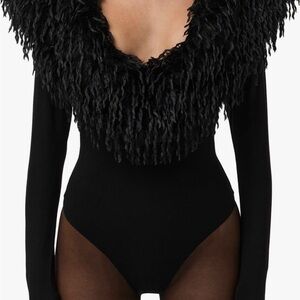 Naked Wardrobe Butter Long Sleeve Bodysuit with Feather Collar